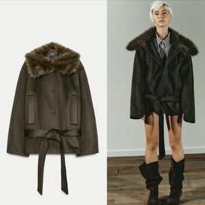 ZARA wool blend oversized coat with faux fur collar